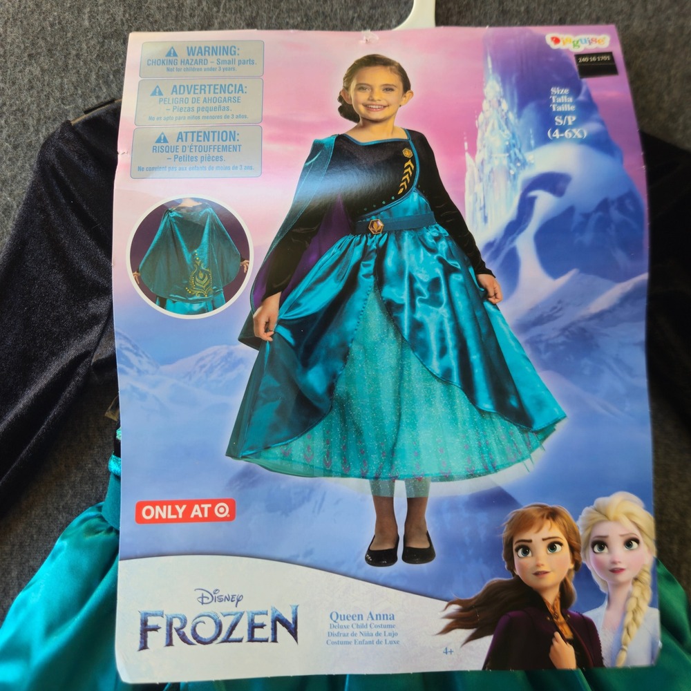 New! Disney Queen Anna Deluxe Costume Kids S/P 4-6X Teal Black Frozen Halloween - Picture 3 of 7
